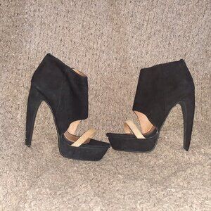 JEFFREY CAMPBELL-Black Suede/Tan Strap-Curved Stiletto-Open Toe Bootie-Zip-Sz 37